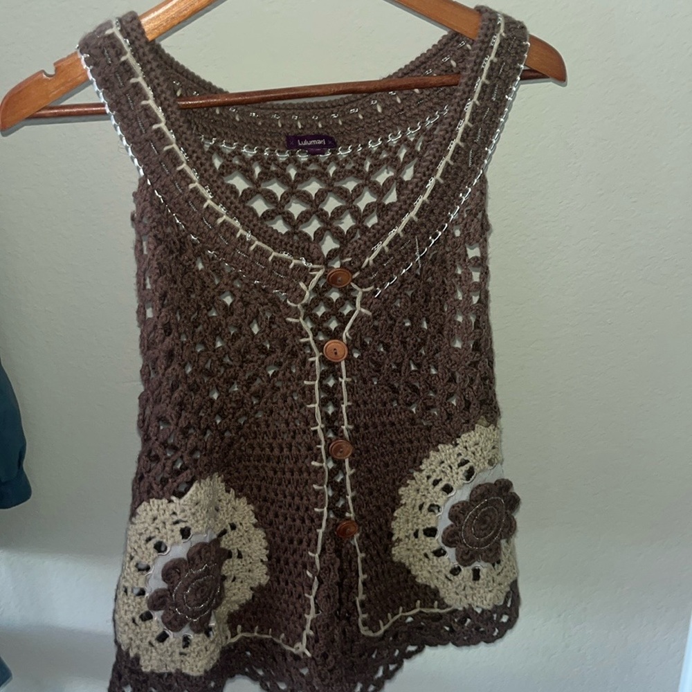 Brown Crochet Vest with Floral Accents